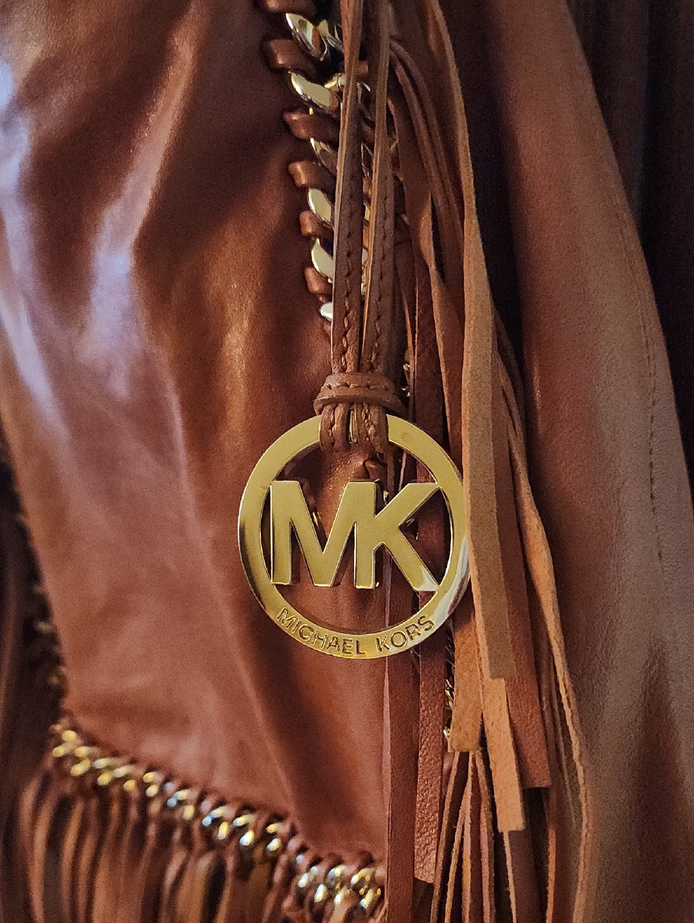 VINTAGE Michael Kors Cognac Leather Fringe Shoulder Bag with MK Charm - Picture 2 of 8